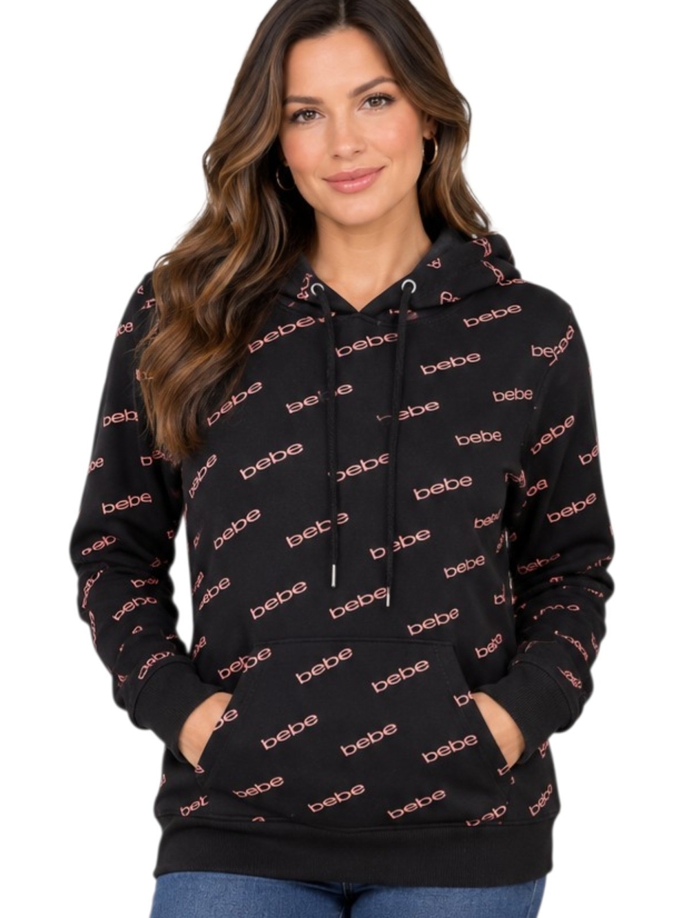 bebe Black Hoodie with Pink All-Over Logo Print